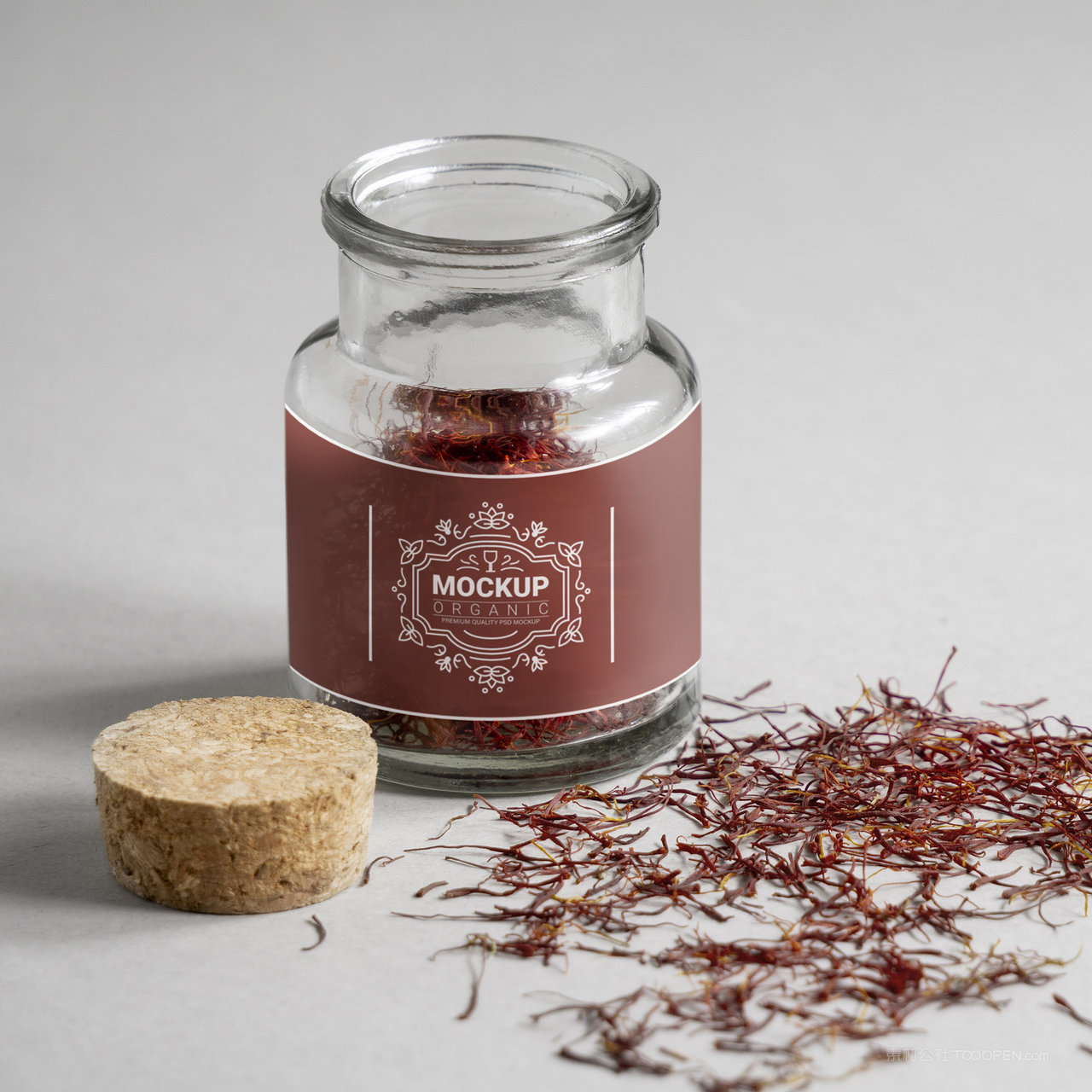 打开的透明玻璃瓶藏红花包装贴图样机