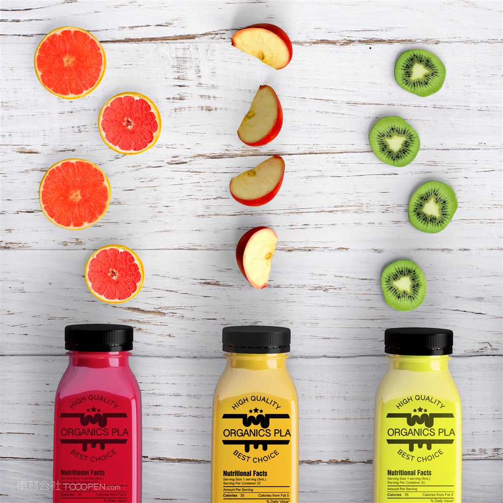 跟水果干放在一起的果汁瓶饮料瓶贴图样机