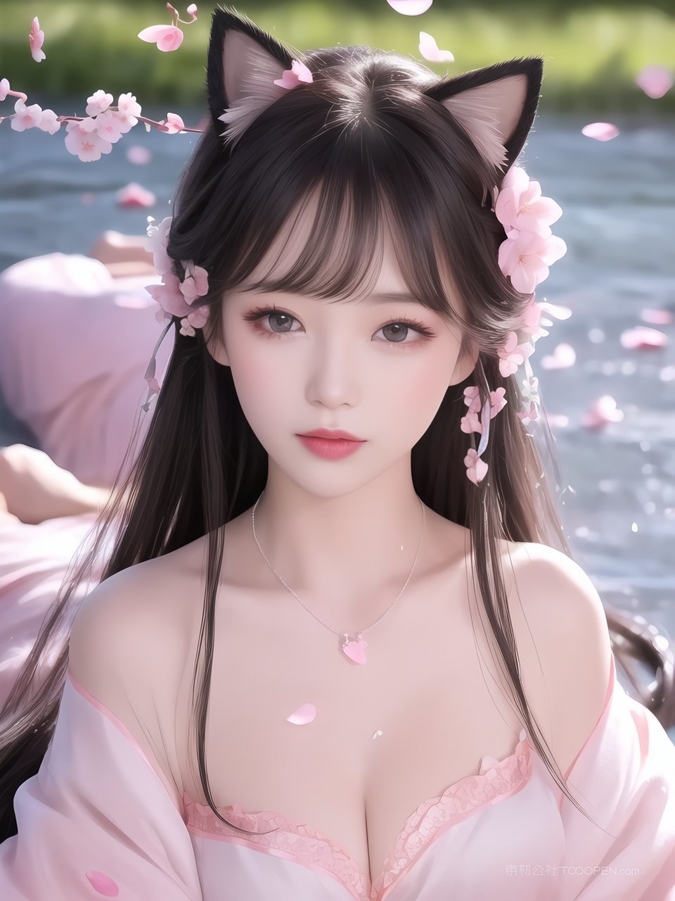 粉色露肩古装ai动漫美女MM户外写真