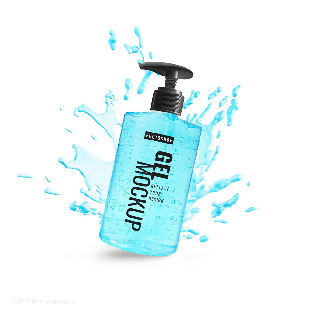 带溅出效果的倾斜的蓝色凝胶洗手液贴图样机