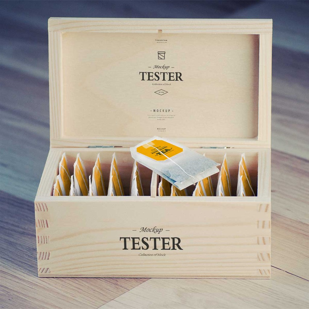 高档茶叶木盒茶包吊牌包装样机模板