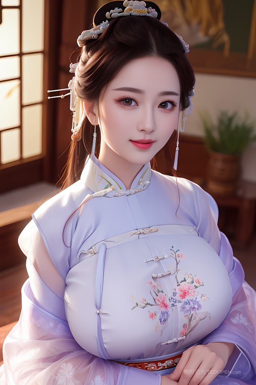 中国风淡紫色汉服装ai性感大胸美女居家照片