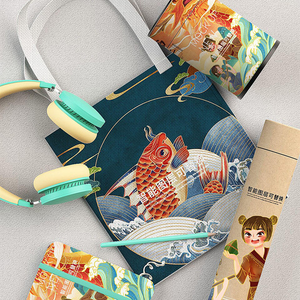 3D国潮文创环保袋礼品盒食品罐包装样机素材