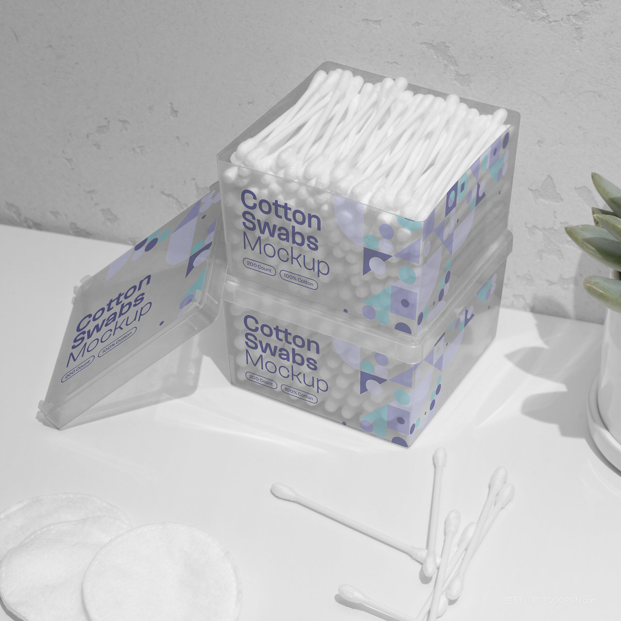 打开的透明包装盒棉签包装贴图样机