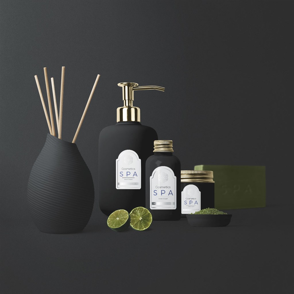 黑色spa精油瓶子包装贴图样机