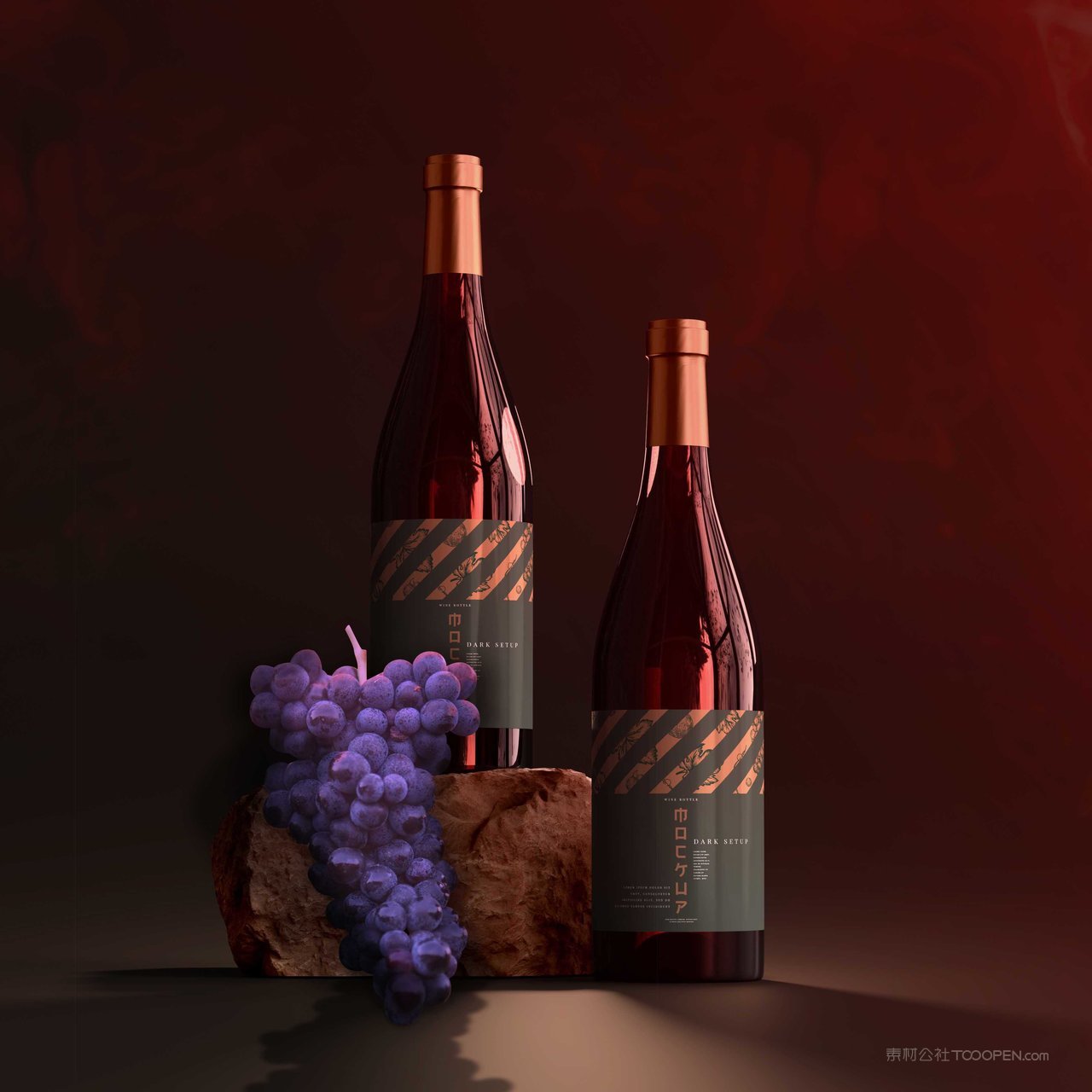 石头上的红酒瓶包装贴图样机