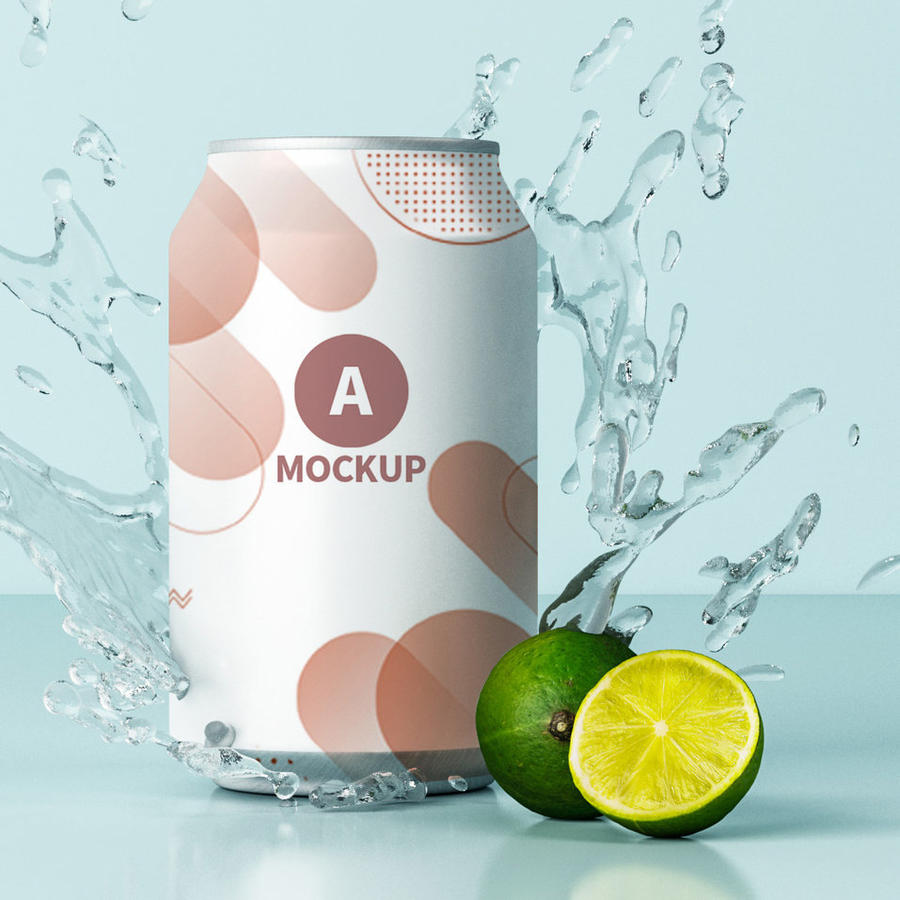 水飞溅带冰块的饮料汽水易拉罐包装样机