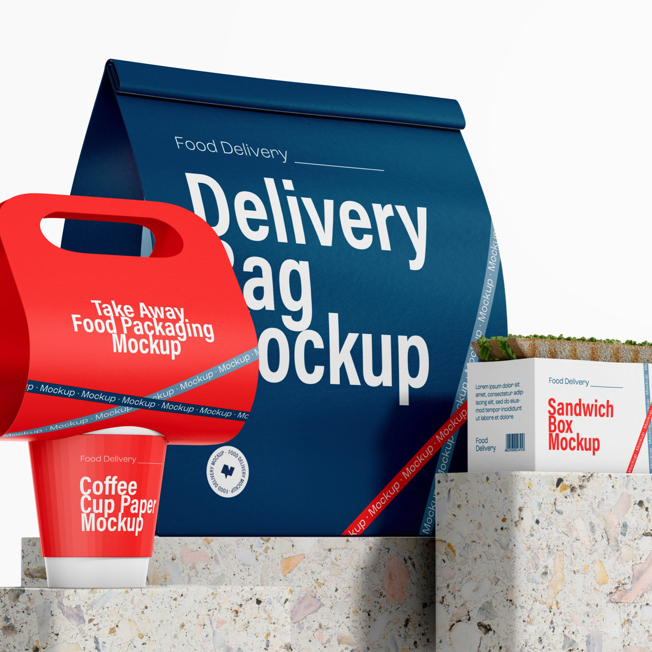 石头上的一次性杯子包装袋外卖包装贴图样机