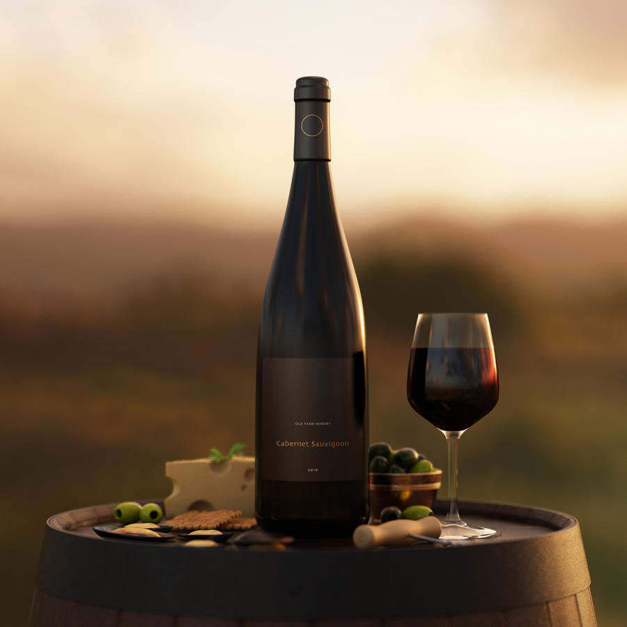 木桶上的酒杯红酒瓶贴图样机