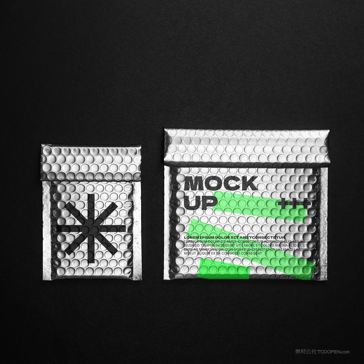 两种尺寸的银色气泡包装袋贴图样机