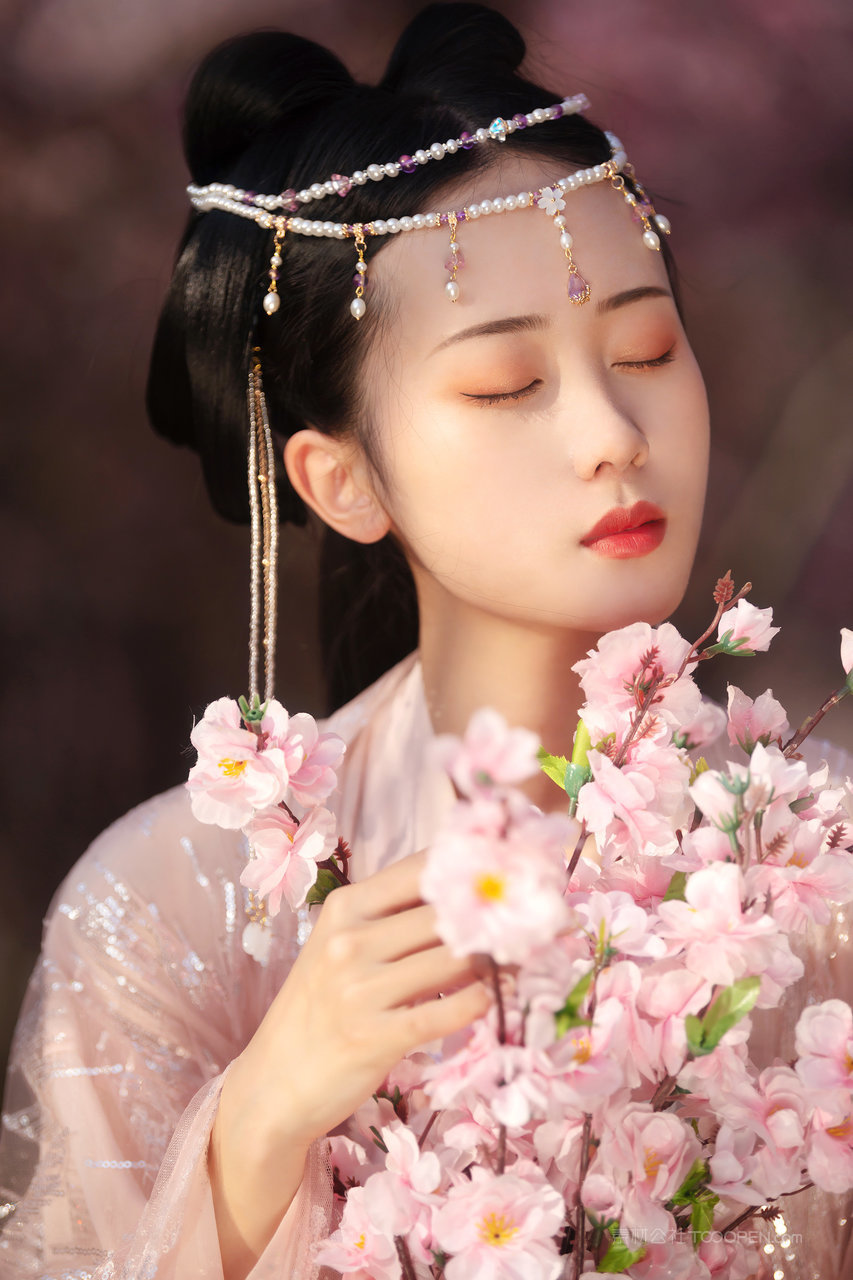 手捧樱花绝色古典美女古装艺术写真摄影图片高清