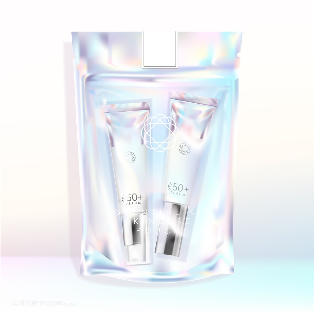 装有化妆品护肤品的全息彩虹色可重复使用的密封袋包装贴图样机