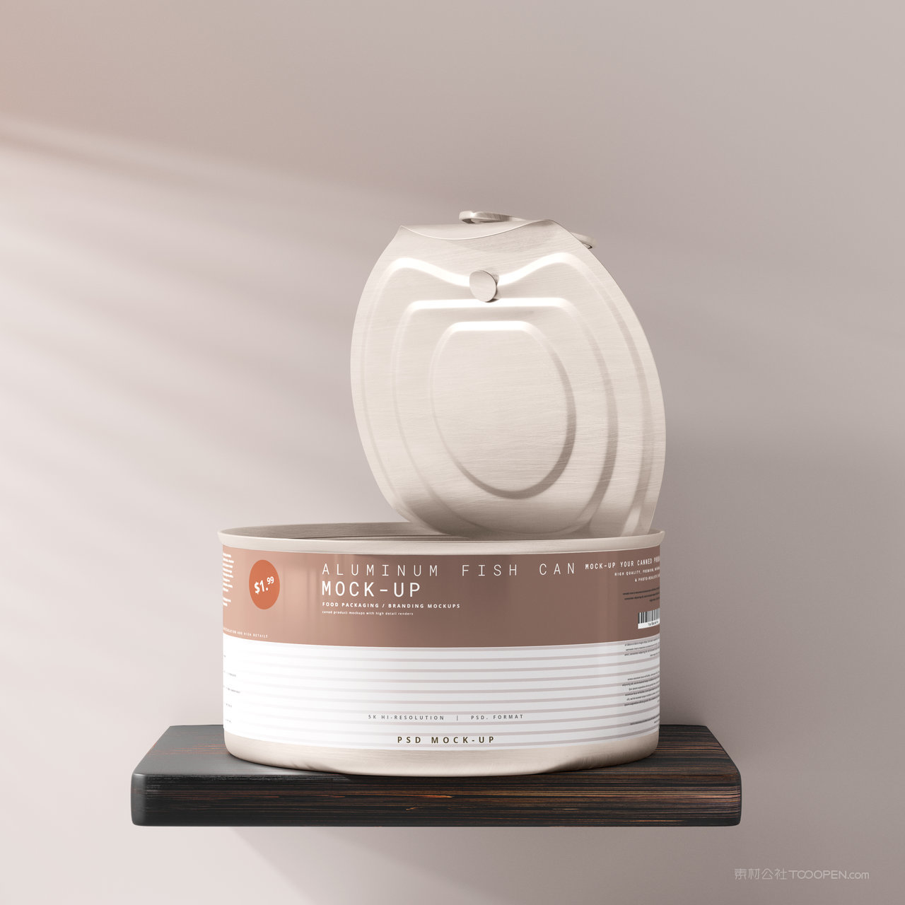 木板上打开的食品密封罐罐头包装贴图样机