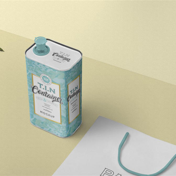 逼真质感的高品质锡罐橄榄油包装设计样机
