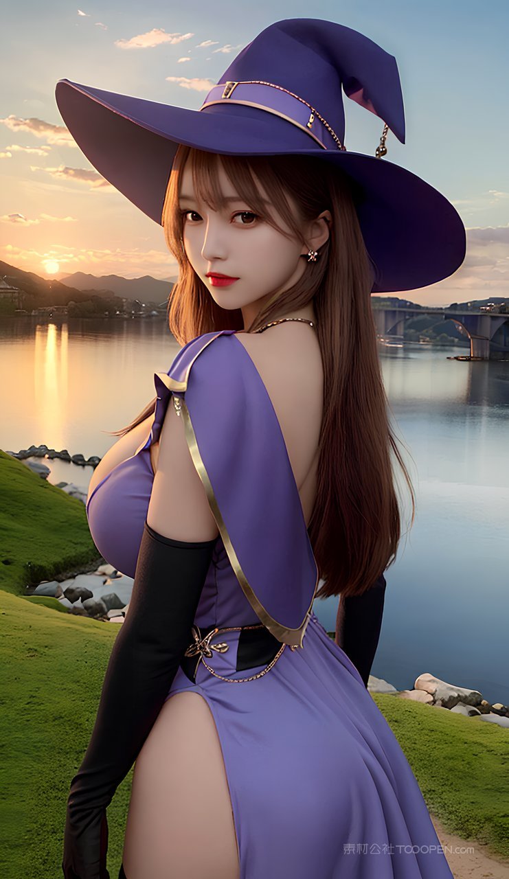 戴着紫色魔法帽的ai清纯美女户外照片