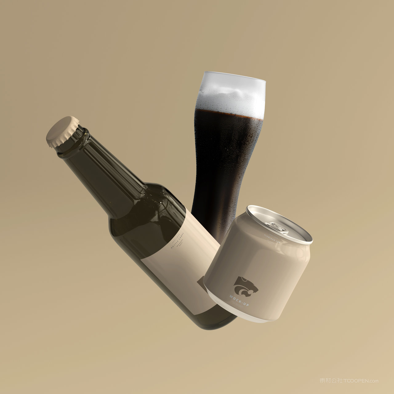 悬浮的啤酒饮料包装贴图样机