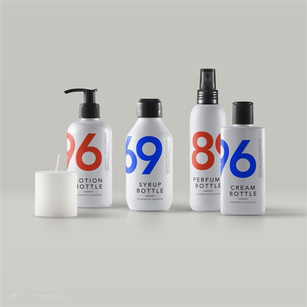 蜡烛旁边的4个瓶子化妆品护肤品包装瓶贴图样机