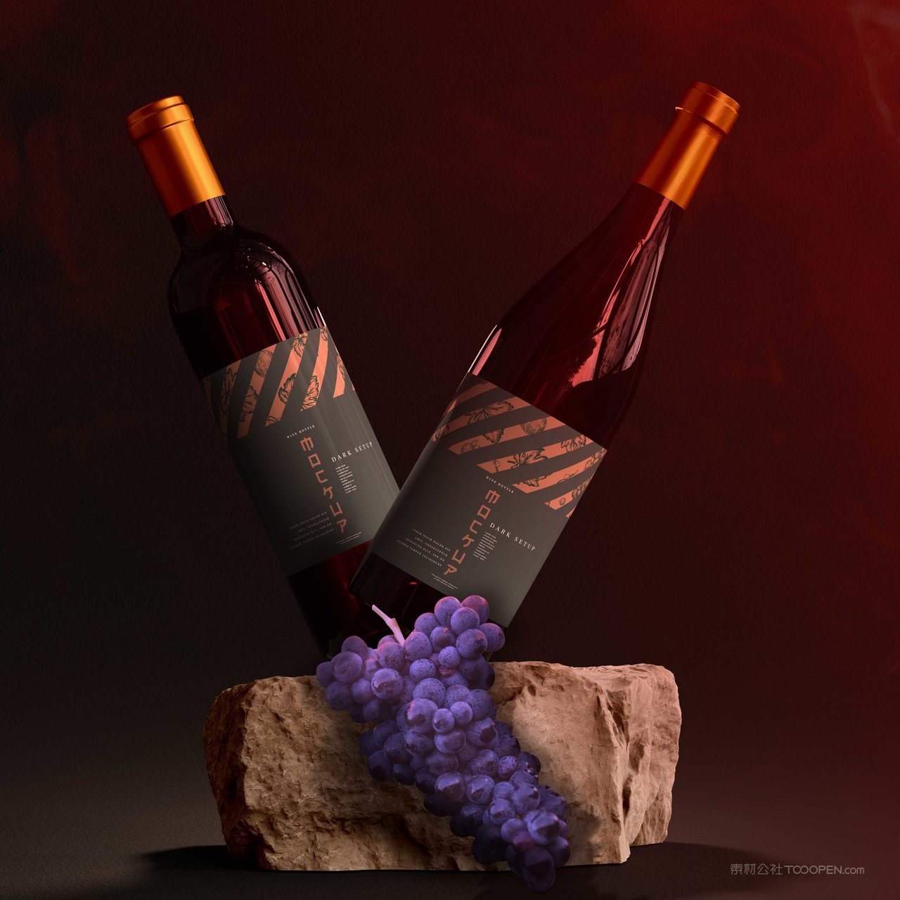 石头上的红酒包装贴图样机
