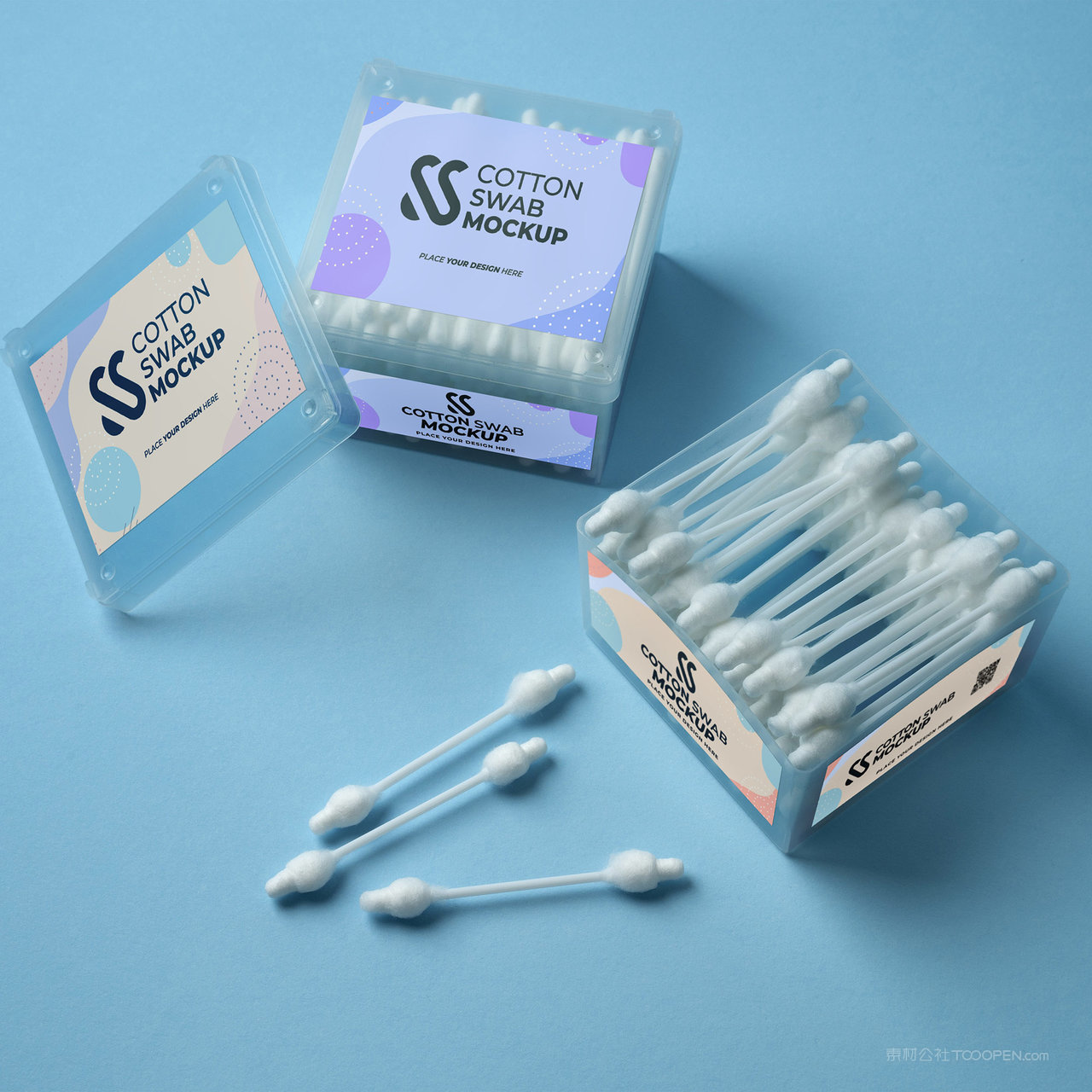 打开的透明塑料包装盒棉签包装贴图样机