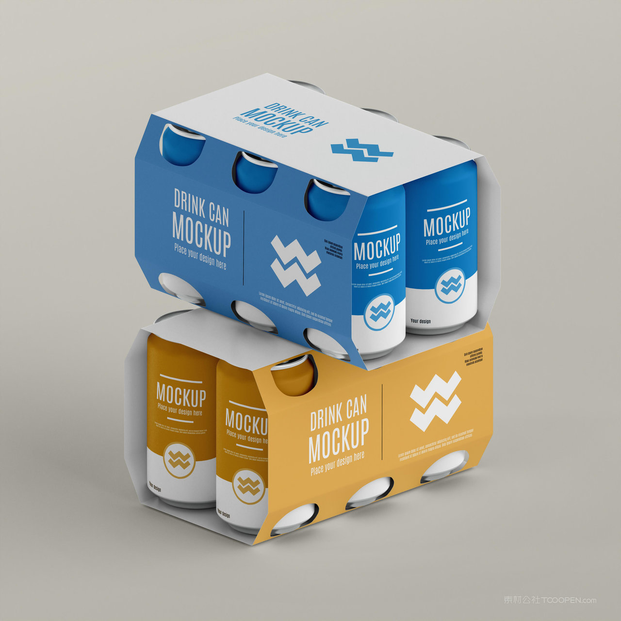 两组易拉罐啤酒饮料包装贴图样机