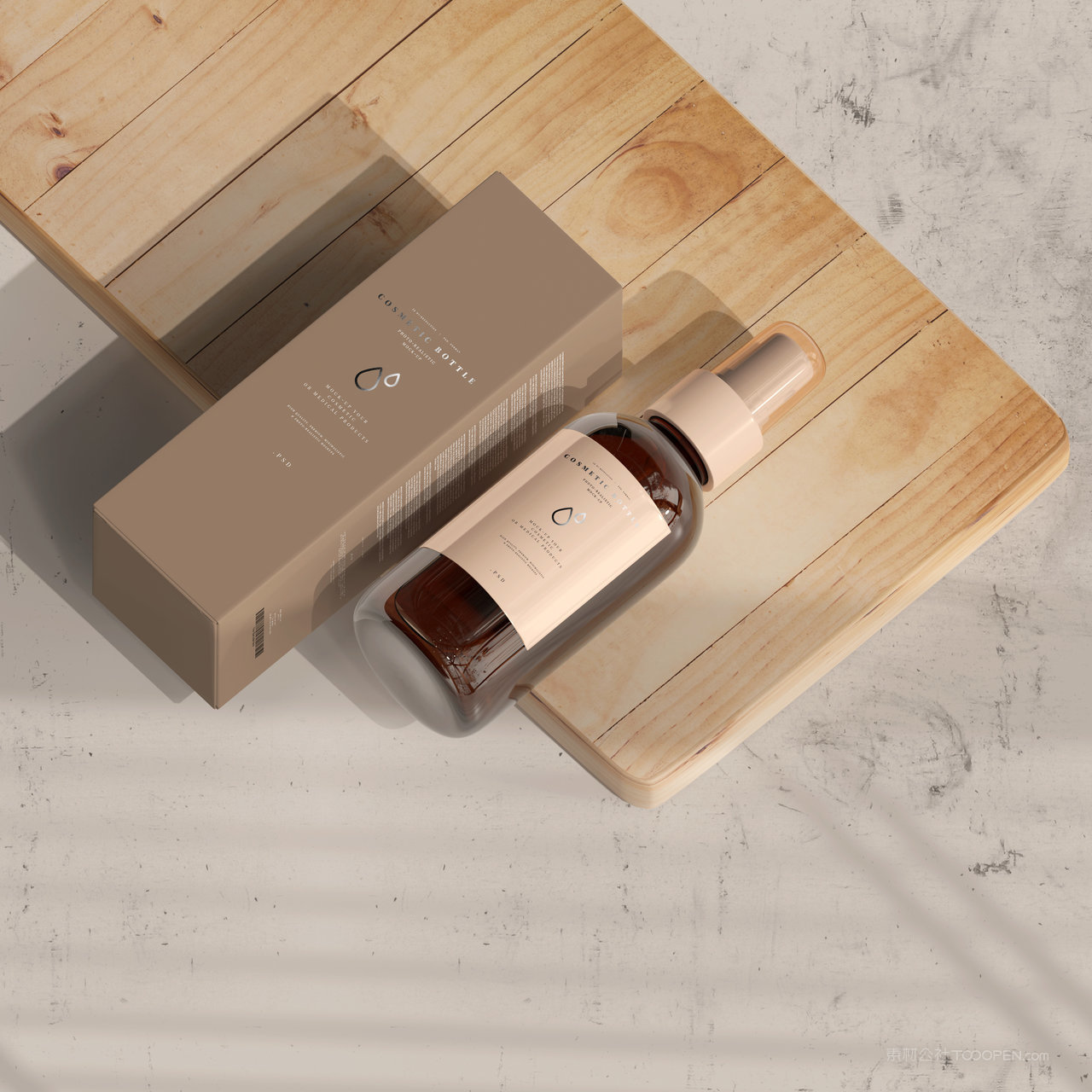 木板上的胶头滴管瓶和外包装盒贴图样机