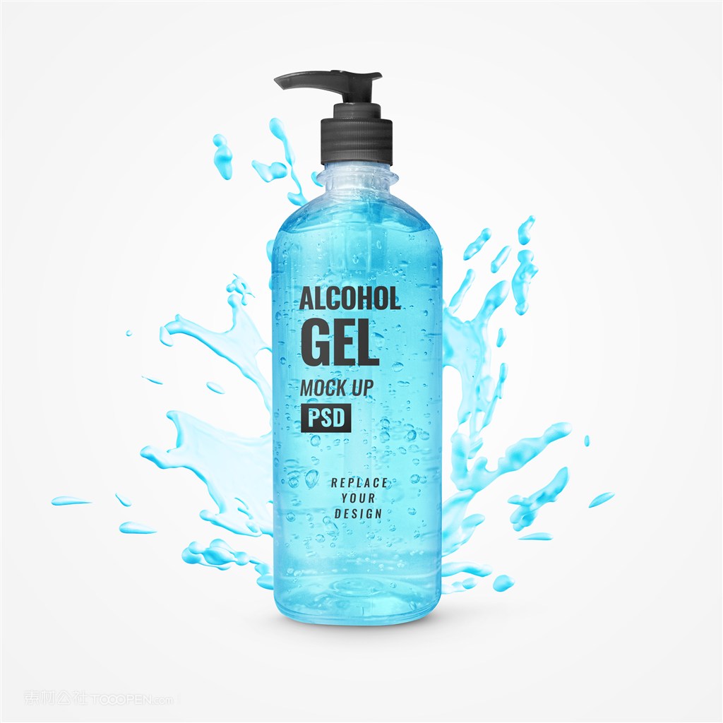 有溅出效果的蓝色凝胶洗手液瓶贴图样机
