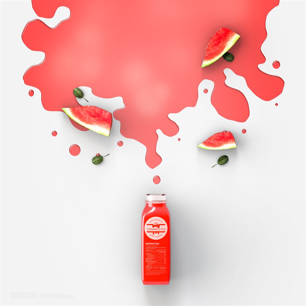 将西瓜汁洒在白色背景上的没有瓶盖的果汁瓶样机