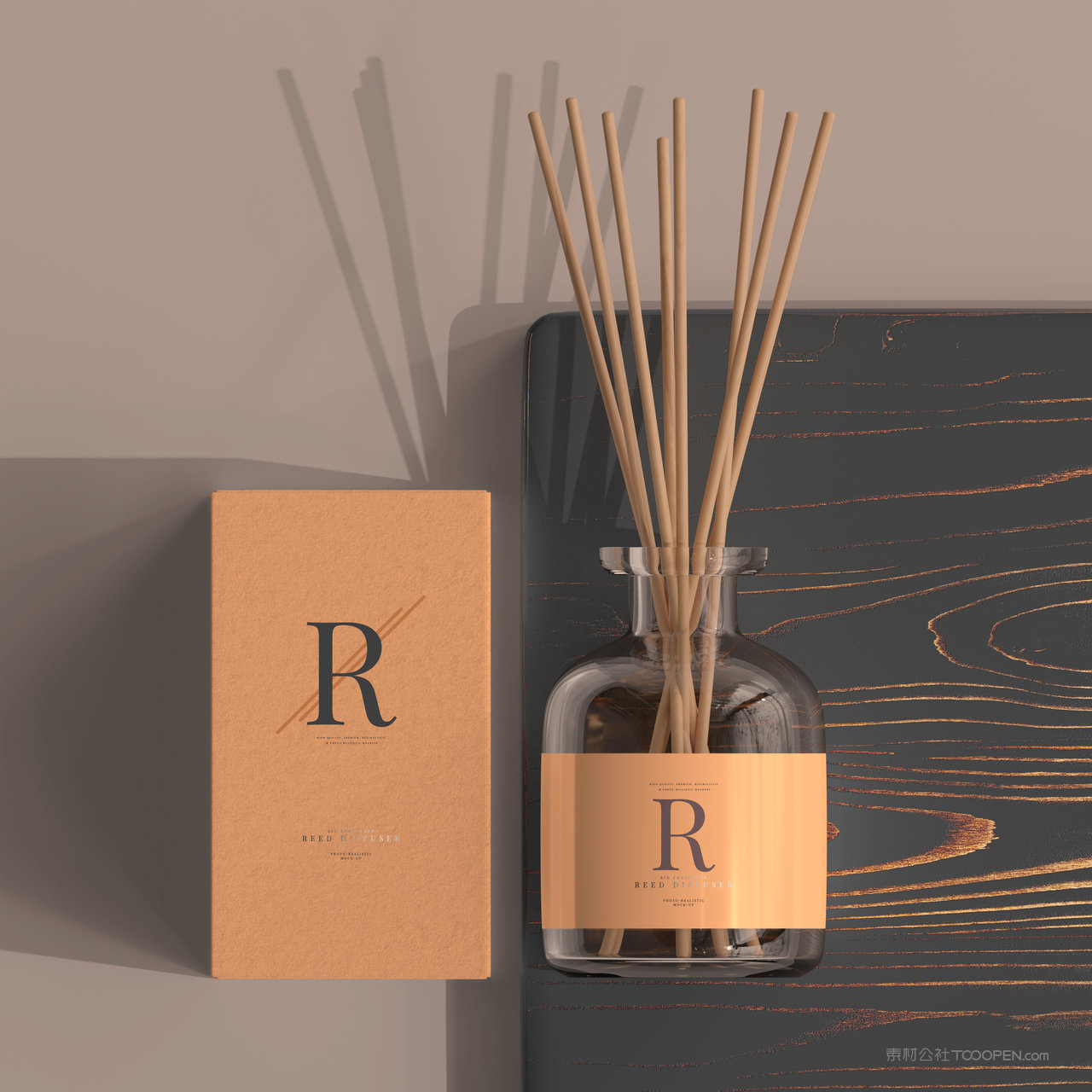 木板上的无火香薰瓶外包装盒贴图样机