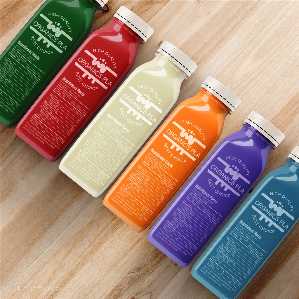 整齐排列在木纹背景上的七彩果汁瓶饮料瓶样机