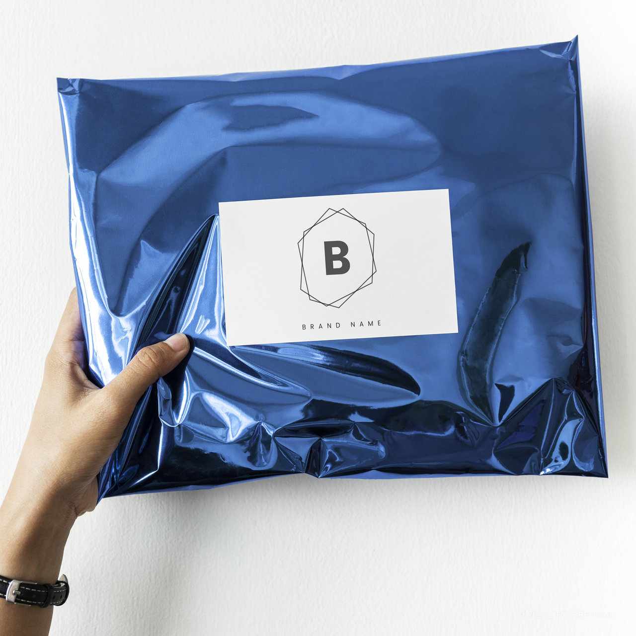 手拿蓝色包裹贴图样机