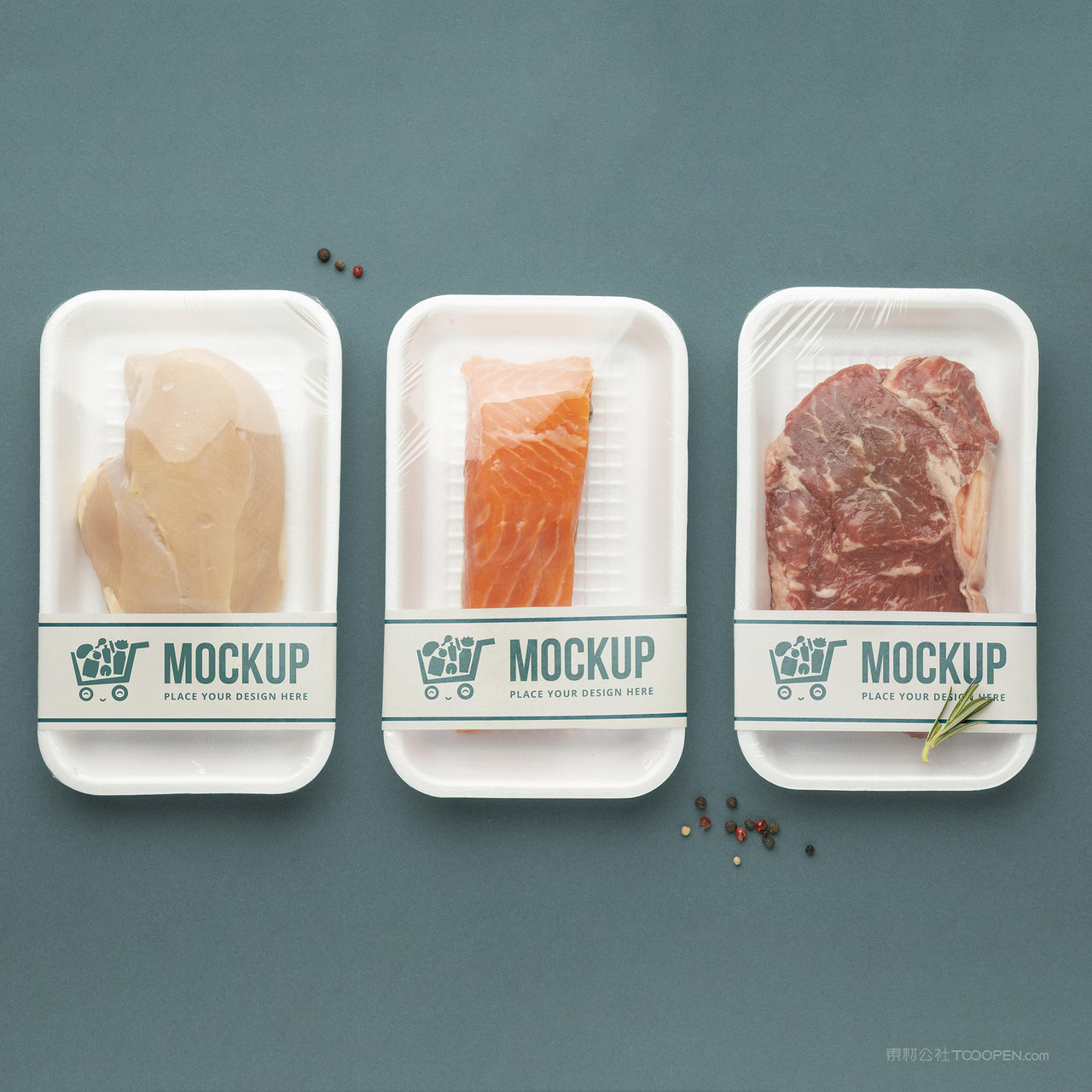 3个肉类食品包装贴图样机