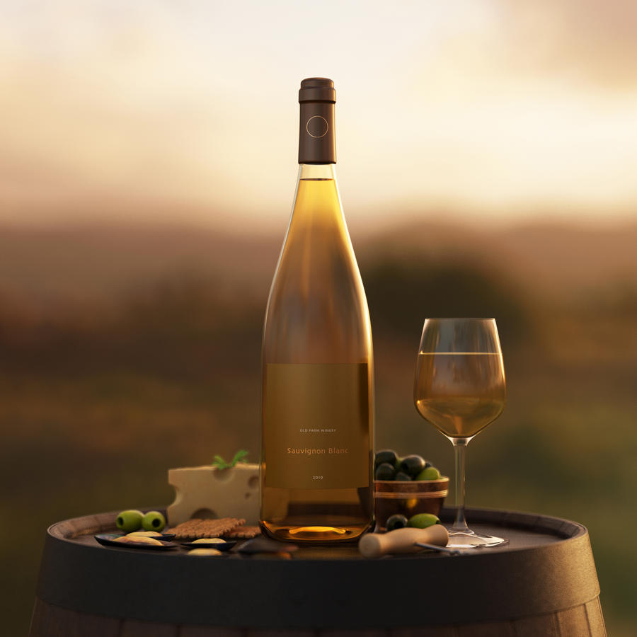 夕阳下木桶上的红酒瓶包装贴图样机