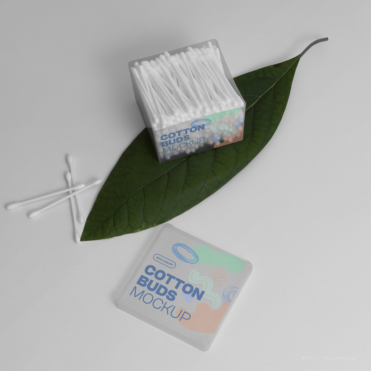 树叶上的透明塑料包装盒棉签包装贴图样机