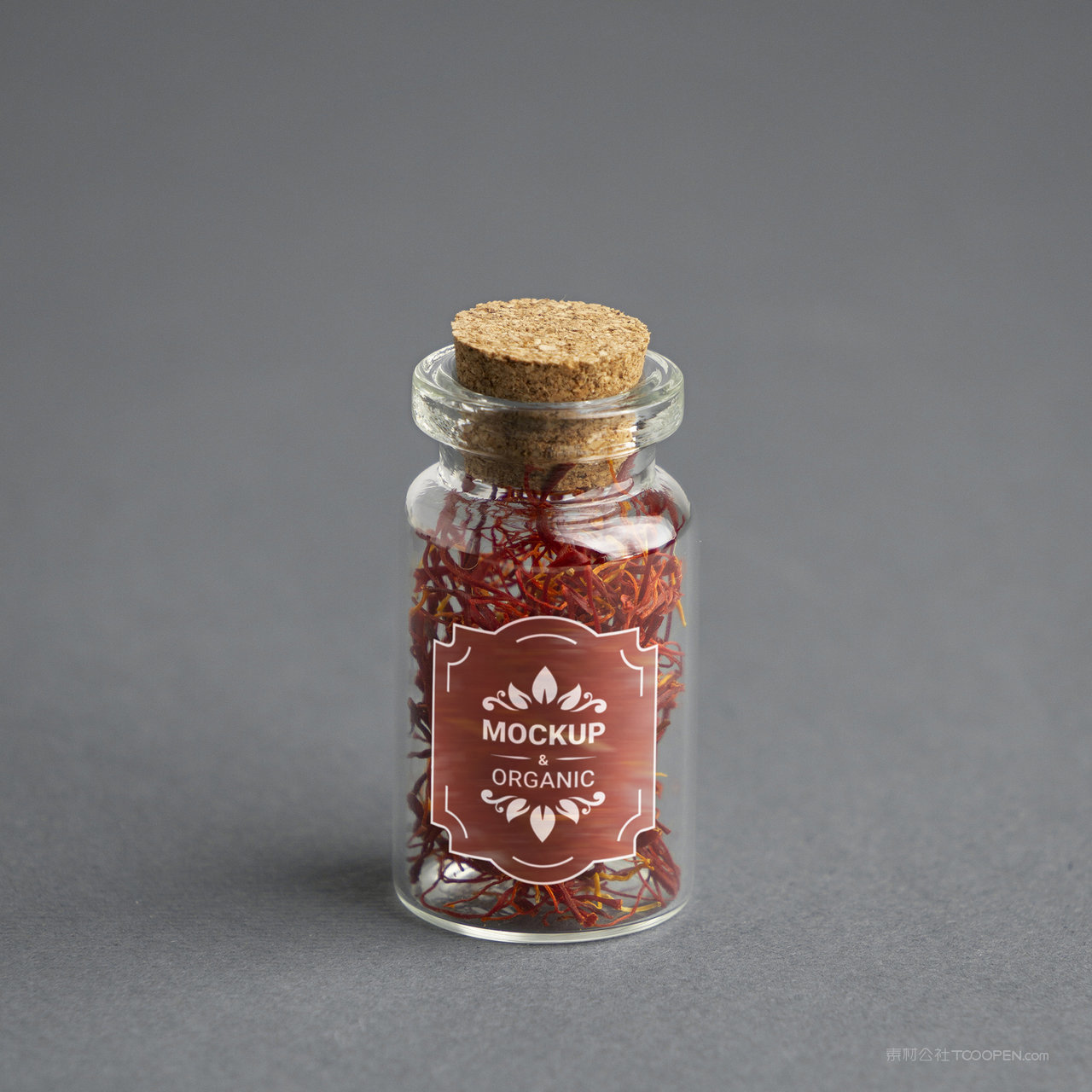 带木塞的透明玻璃瓶藏红花包装贴图样机