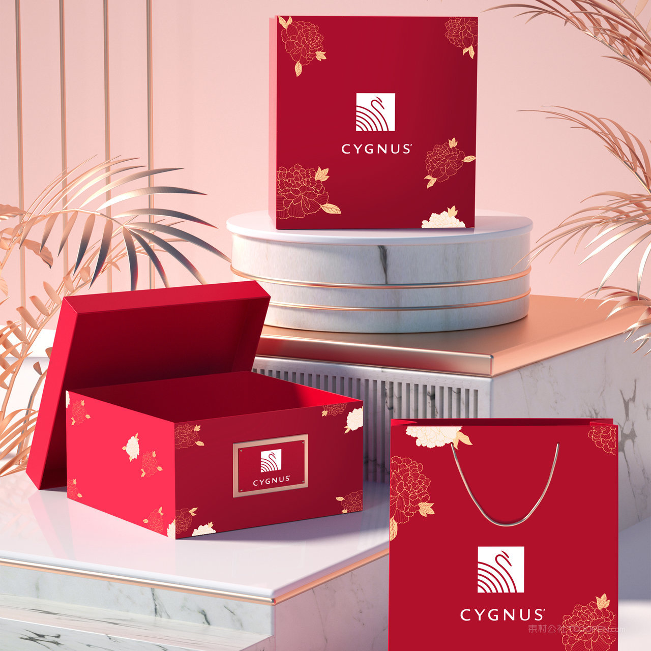 红色喜庆包装盒手提袋贴图样机