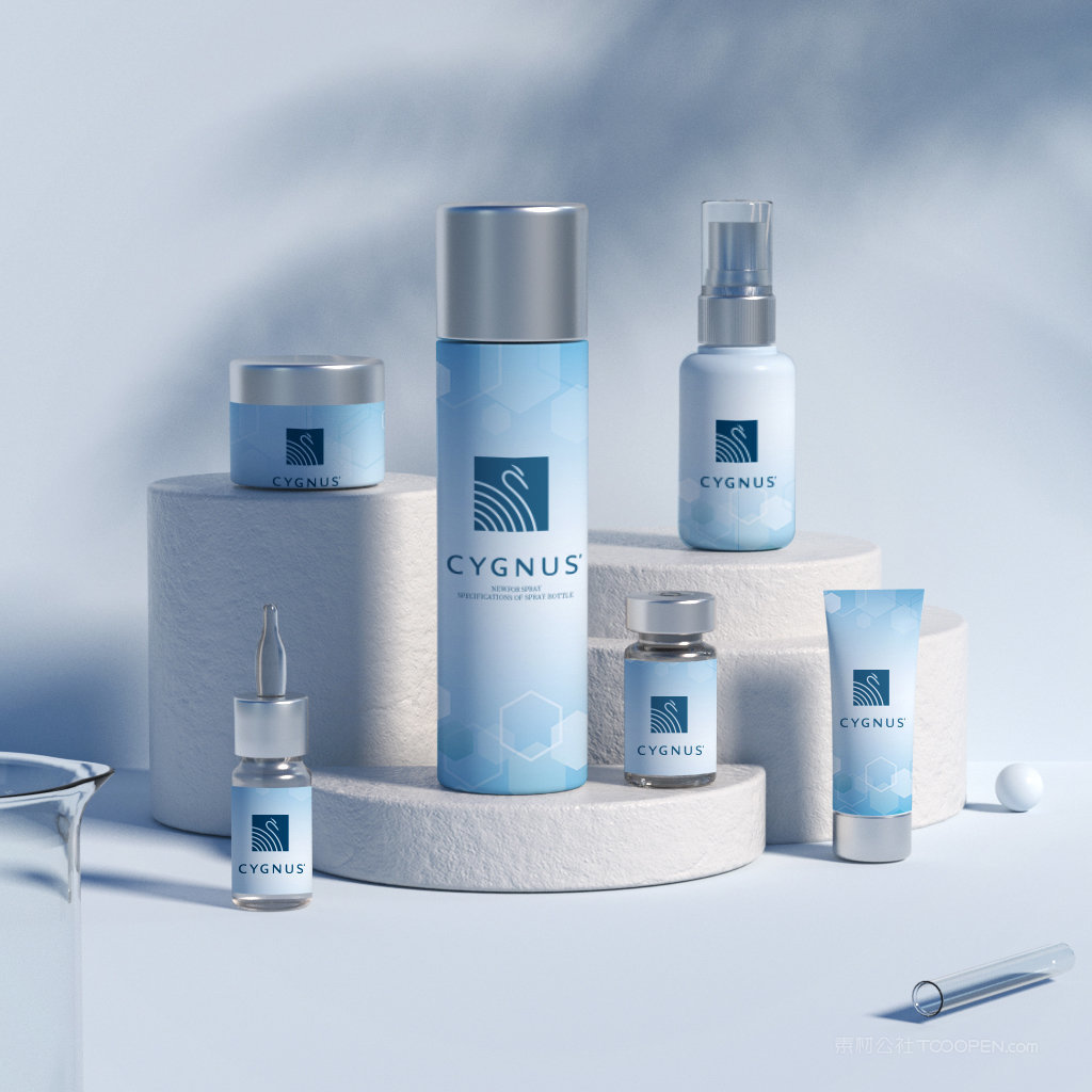 展示台上的一整套护肤品化妆品包装贴图样机