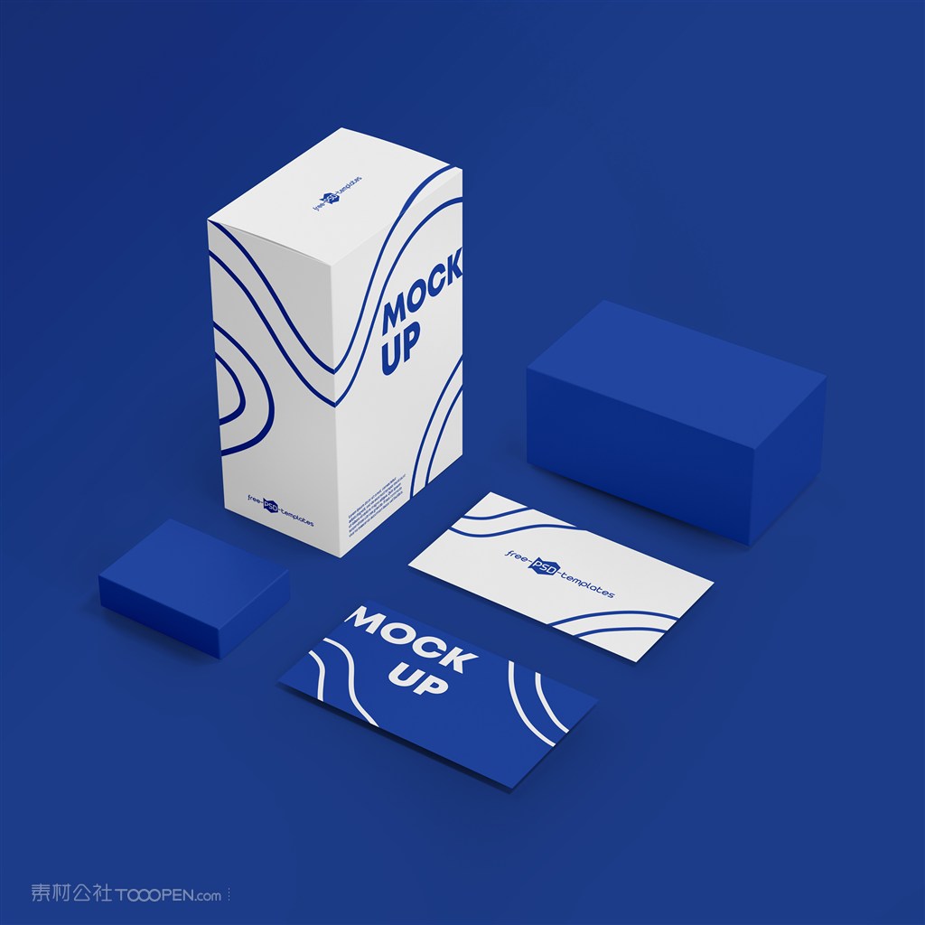 蓝色背景产品包装盒名片贴图样机