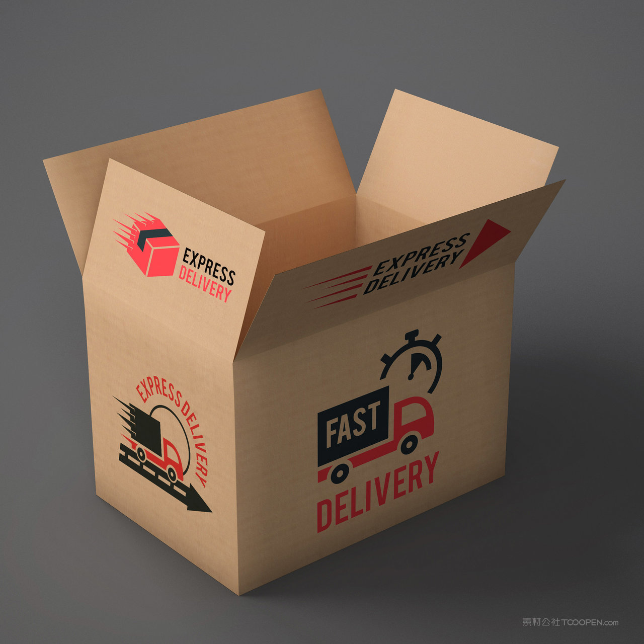 打开的纸箱快递箱贴图样机