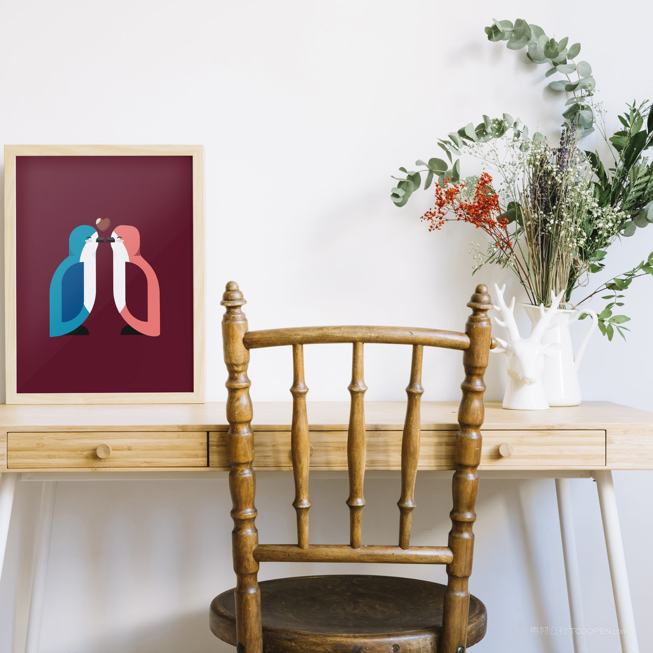 书桌上的原木色画框相框贴图样机