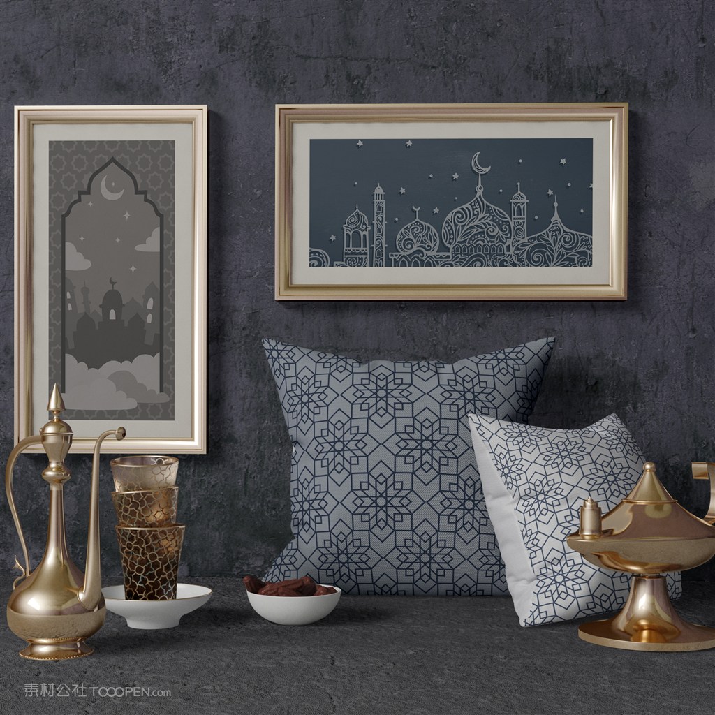 穆斯林风格抱枕与挂画画框贴图样机