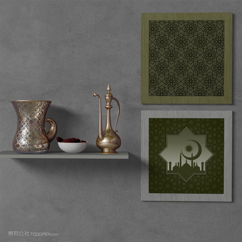 穆斯林风格茶具与画框贴图样机