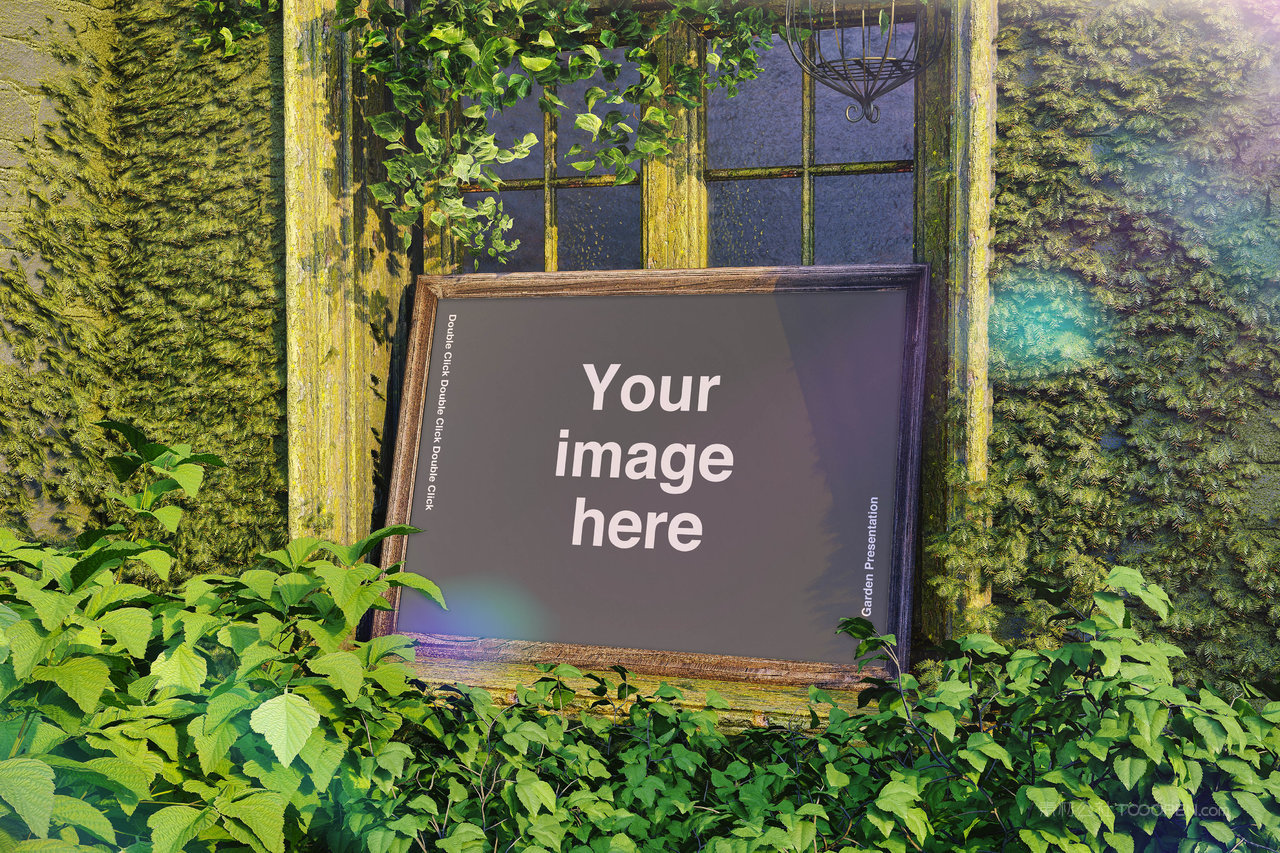 植物墙背景复古木框样机