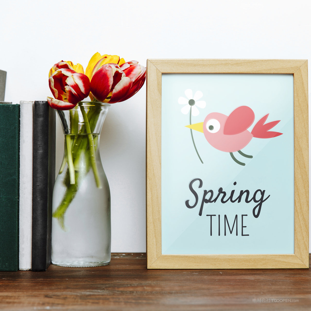 花瓶旁边的实木画框相框贴图样机