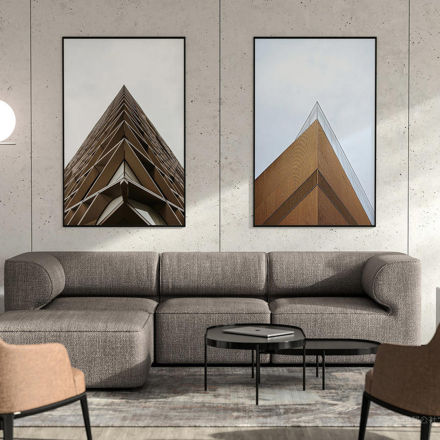 灰色调室内装修客厅沙发背景墙上的画框相框样机素材