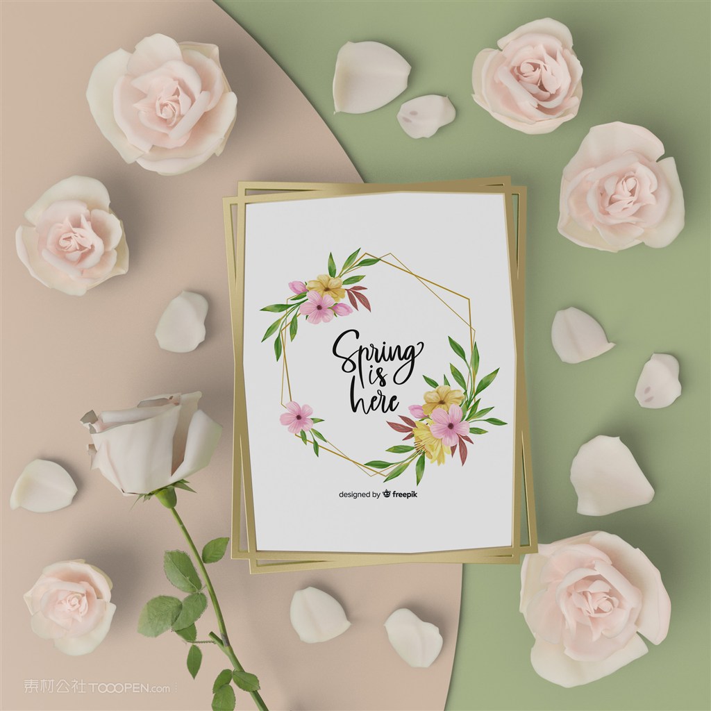 被玫瑰花包围的相框贴图样机