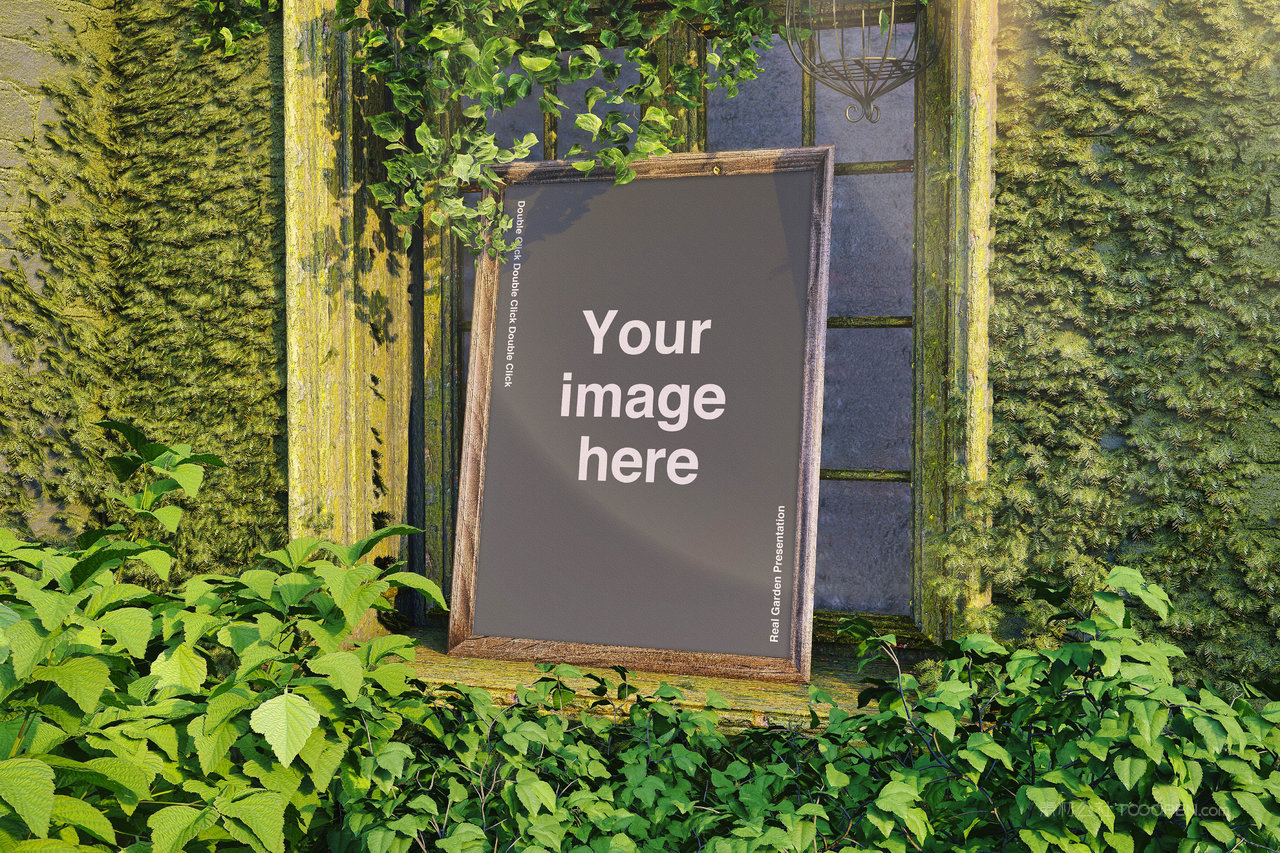 植物墙背景复古木框样机