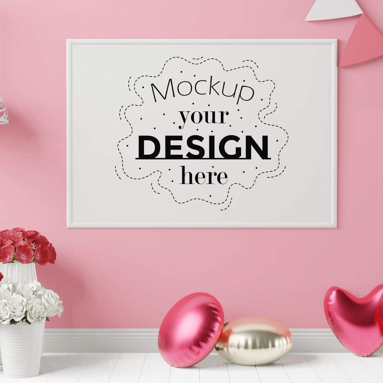 粉色墙上的装饰画画框贴图样机