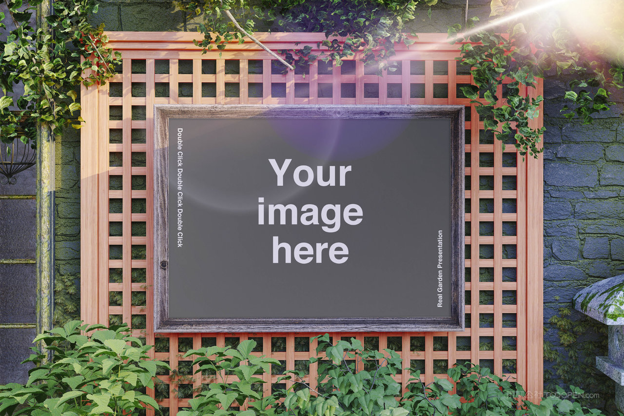 植物墙背景复古木框样机