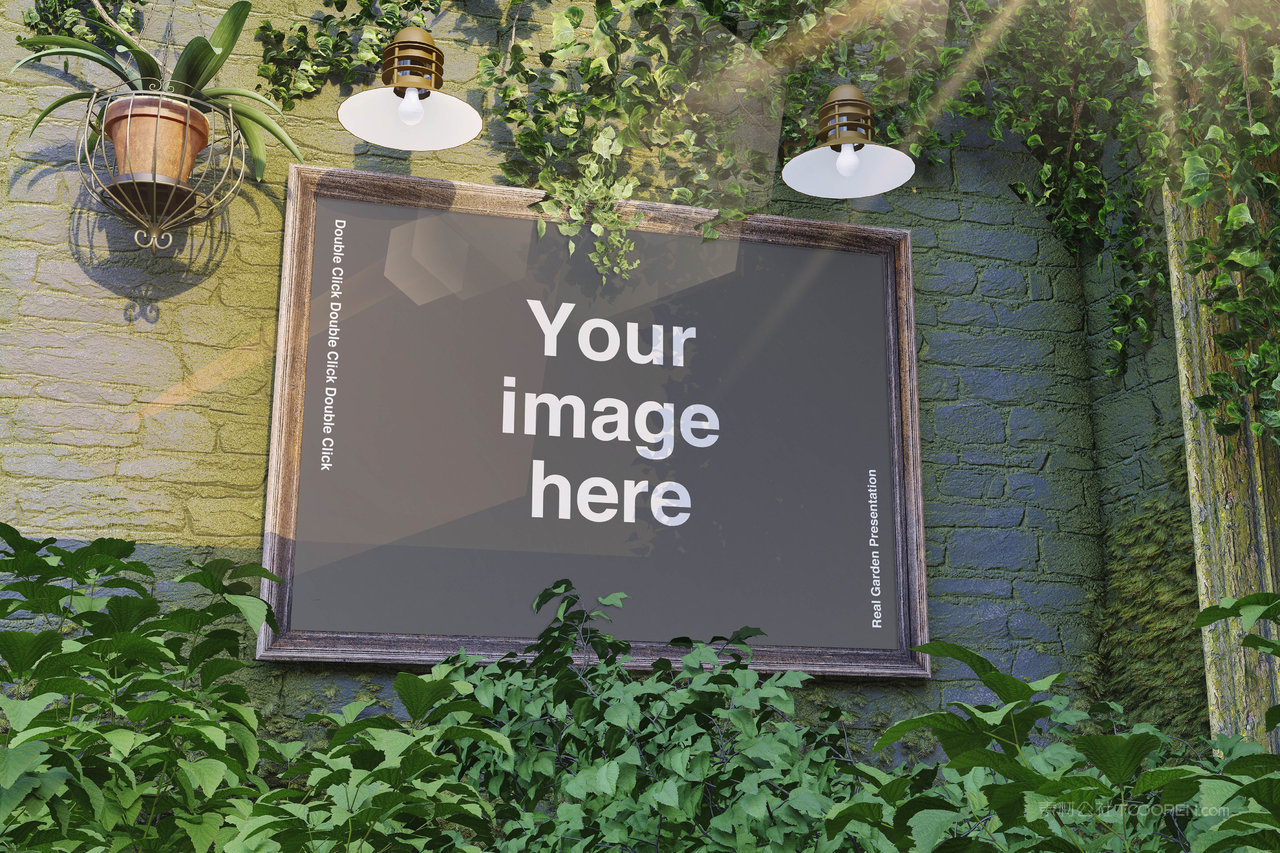 植物墙背景复古木框样机