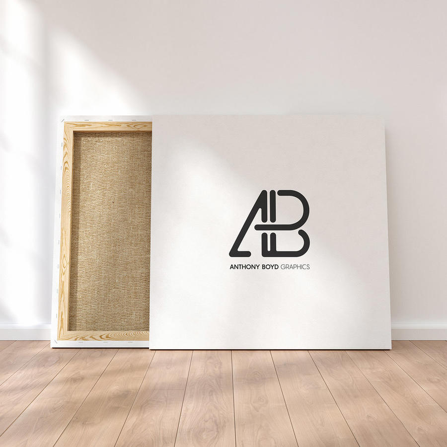 光影的室内木地板上油画布logo样机